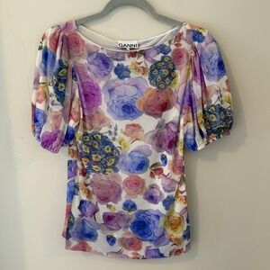 Ganni Floral Puff Sleeve Mesh Mini Dress Size 40‎